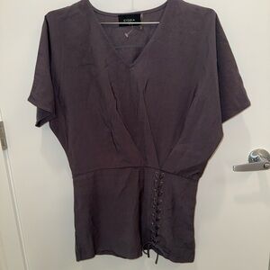 Storia Charcoal V-Neck Lace-Up Mini Dress, Size Small